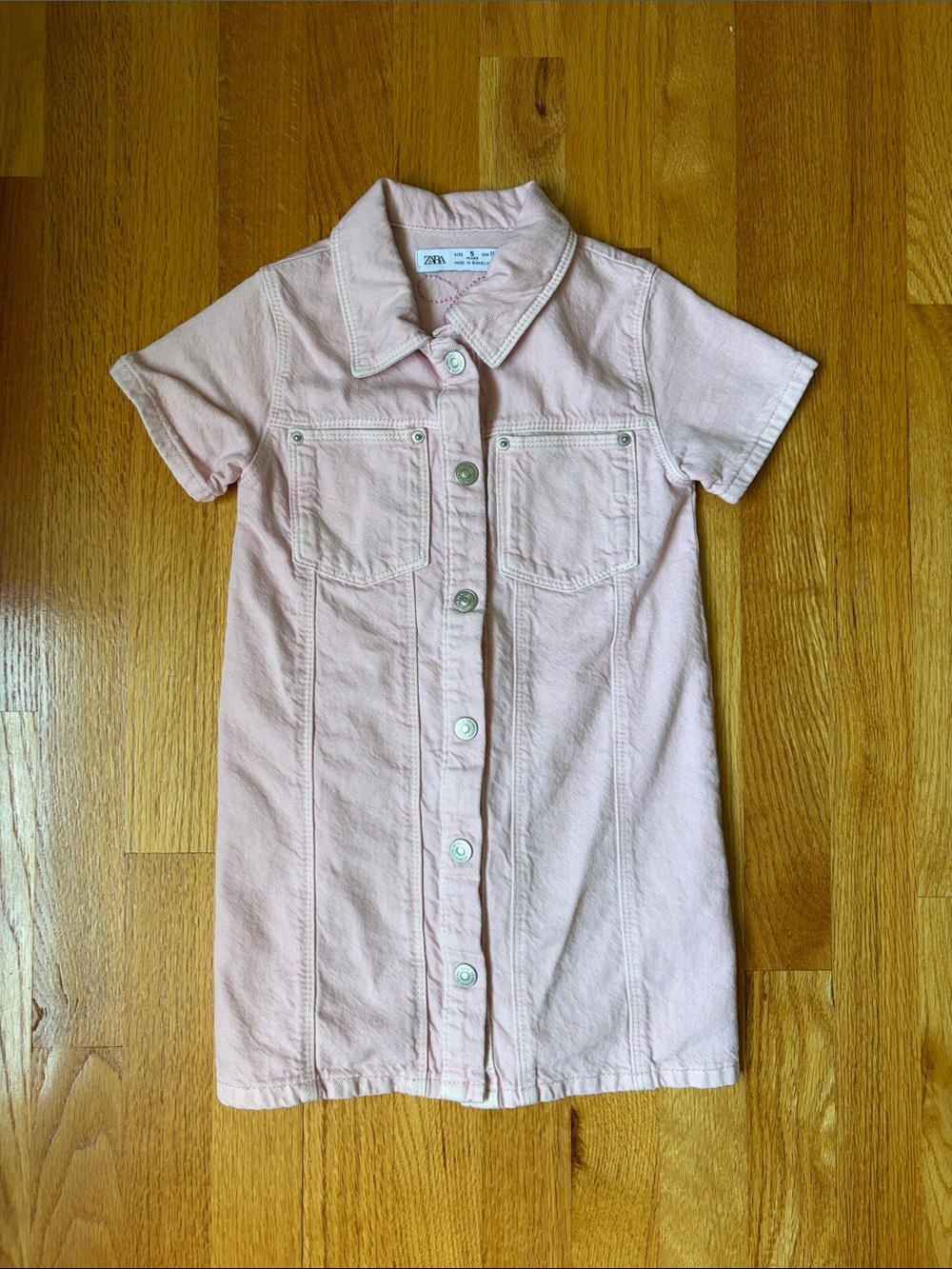 Zara Light Pink Short-Sleeve Button-Front Denim Dress